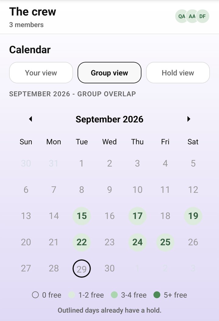 Group calendar showing how many people are free each day